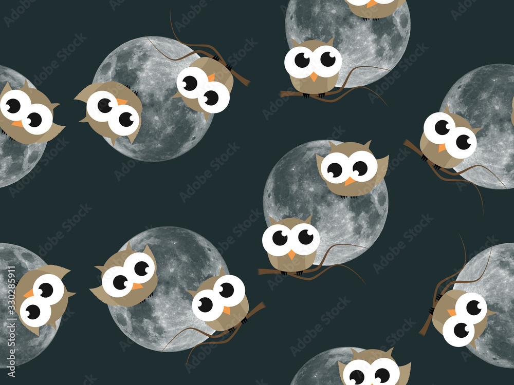 Fototapeta premium Two cartoon cute owls with full moon in repeating pattern on black background.
