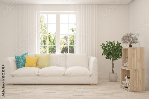 Minimalist living room in white color with sofa and summer landscape in window. Scandinavian interior design. 3D illustration