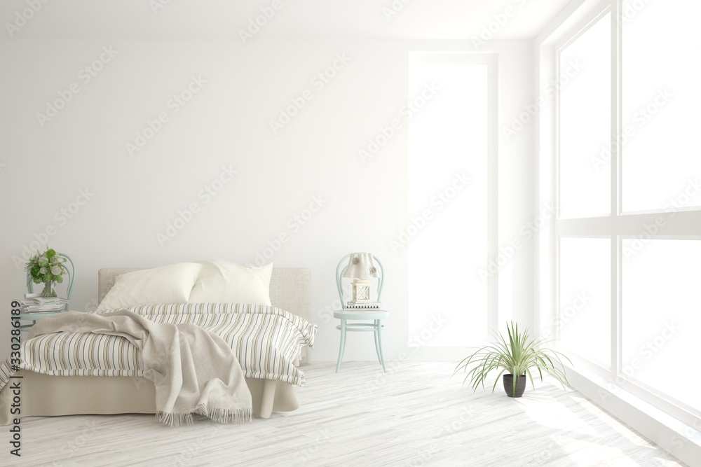 Naklejka premium Stylish bedroom in white color. Scandinavian interior design. 3D illustration