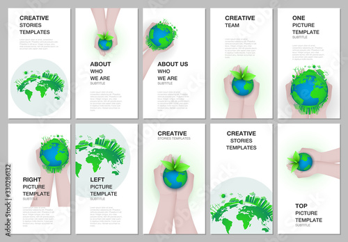 Social networks stories design, vertical banner or flyer templates. Covers design templates for flyer, leaflet, brochure cover. Green world globe in the hands of man. Earth planet health care concept.