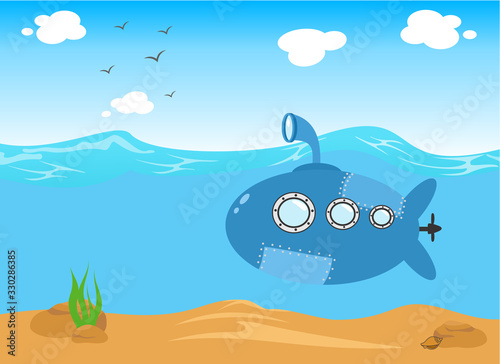 Submarine in the sea, vector cartoon illustration