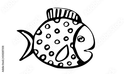 Vector hand drawn doodle fish icon. Logo design template. Cute hand drawn childish linear illustration for print  web