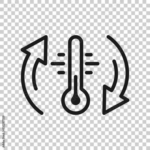 Thermometer climate control icon in flat style. Meteorology balance vector illustration on white isolated background. Hot, cold temperature business concept.