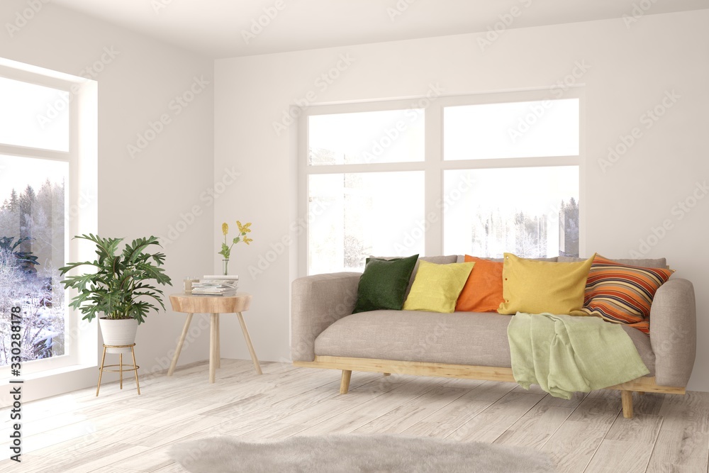 Fototapeta premium Modern living room in white color with sofa. Scandinavian interior design. 3D illustration