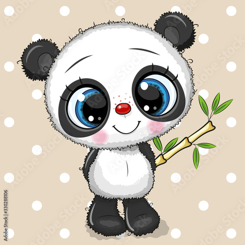 Cute Cartoon Panda with bamboo isolated on a beige background