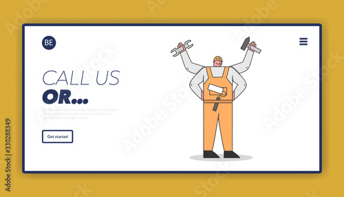 Handyman People Concept. Website Landing Page. Worker With Many Hands with Tools. Specialist In Uniform Overalls with Tools and Equipment Web Page Cartoon Outline Linear Flat Vector Illustration