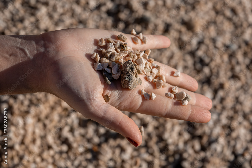 Female palm close-up holding small pebble on sunlight, blurred beach on background