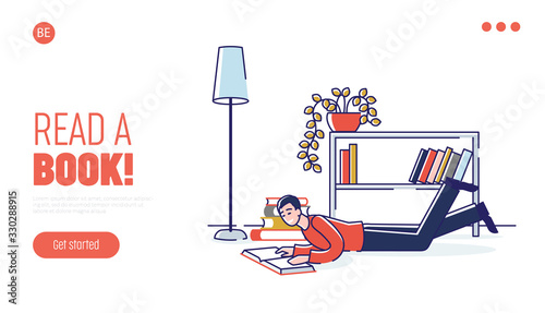 Concept Of Education, Read Books. Website Landing Page. Literature Fans or Lovers. Male Character Reading Books On The Floor At Home. Web Page Cartoon Linear Outline Flat Style. Vector Illustration