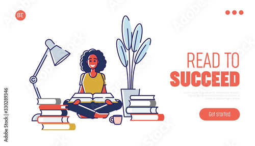 Concept Of Education, Read Books. Literature Fans or Lovers. Website Landing Page. Female Character is Studying, Reading Books At Home. Web Page Cartoon Linear Outline Flat Style. Vector Illustration