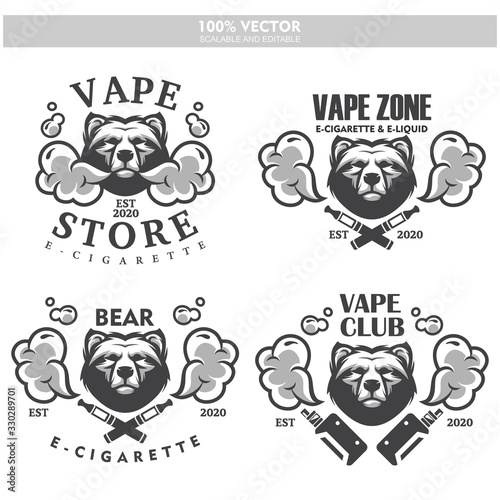 Bear head vapor e-cigarette vape vaporizer cigarette vape vaporizer electrical electronic smoke vaping label set Vintage style logo. Scalable and editable Vector illustration.