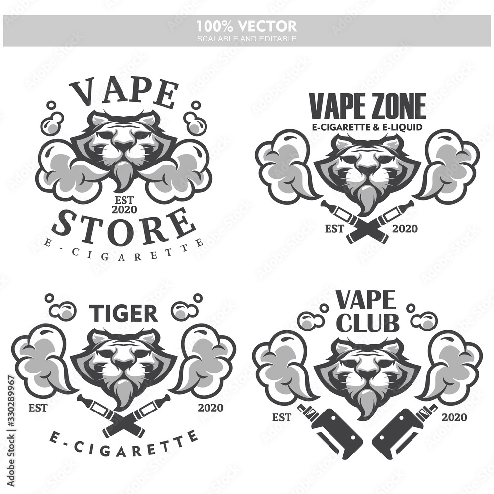 Tiger head vapor e-cigarette vape vaporizer cigarette vape vaporizer electrical electronic smoke vaping label set Vintage style logo. Scalable and editable Vector illustration.
