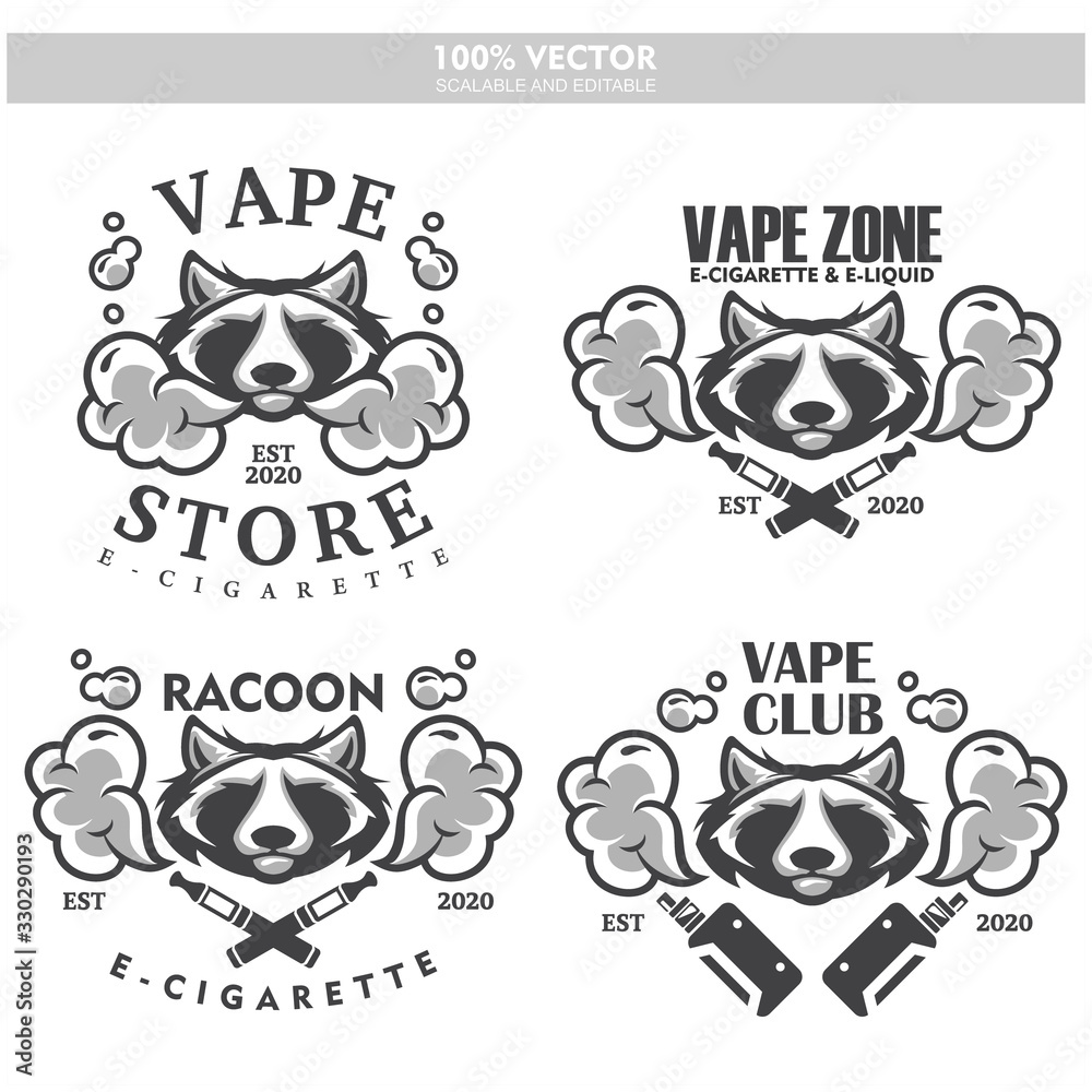 Racoon head vapor e-cigarette vape vaporizer cigarette vape vaporizer electrical electronic smoke vaping label set Vintage style logo. Scalable and editable Vector illustration.