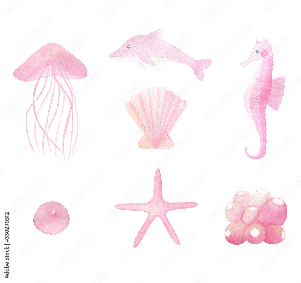 Watercolor ocean creatures clip art isolated on white background. Pink shell, seahorse, starfish, dolphin hand-painted. Perfect for summer design, invitations, greeting card. Ocean, sea life.