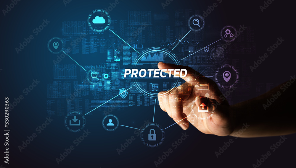 Hand touching PROTECTED inscription, Cybersecurity concept