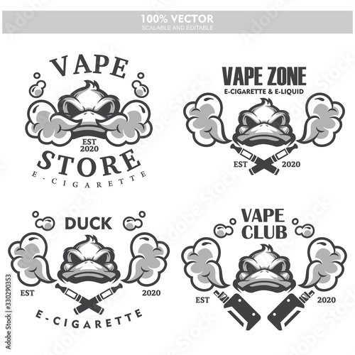 Duck head vapor e-cigarette vape vaporizer cigarette vape vaporizer electrical electronic smoke vaping label set Vintage style logo. Scalable and editable Vector illustration.