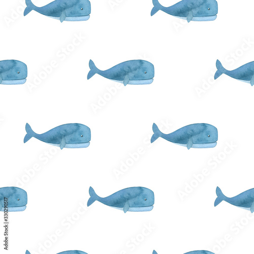 Watercolor whales cute seamless pattern on white background. Trendy underwater background for wrapping papper, covers, textile. Ocean life. Abstract whales background. Children textile, fabric. 