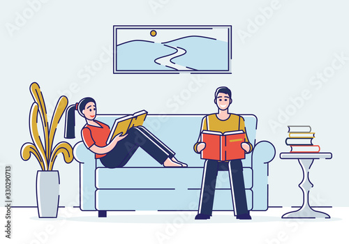 Concept Of Education, Read Books. Literature Fans or Lovers. Book Festival of Students. People are Learning, Reading Books On the Coach At Home. Cartoon Linear Outline Flat Style. Vector Illustration