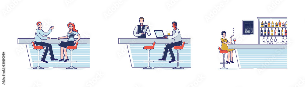 Concept Of Meetings In A Bar. People Have A Good Time Communicating At A Bar Counter. Male And Female Characters Are Talking, Drinking Alcohol. Set Of Cartoon Outline Linear Flat Vector Illustration