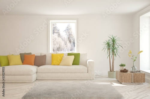 Modern living room in white color with sofa and winter landscape in window. Scandinavian interior design. 3D illustration