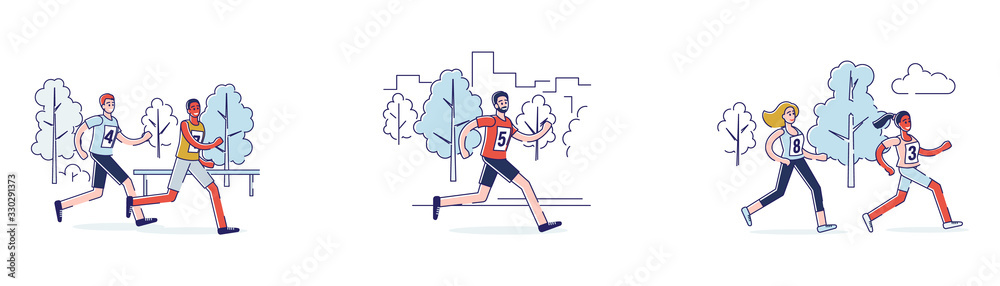 Concept Of Running Marathon. People Dressed in Sports Clothes Run Marathon Race. Participants of Athletics Event Trying to Outrun Each Other. Set Of Cartoon Linear Outline Flat Vector Illustrations Concept Of Running Marathon. People Dressed in Sports Clothes Run Marathon Race. Participants of Athletics Event Trying to Outrun Each Other. Set Of Cartoon Linear Outline Flat Vector Illustrations