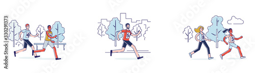 Concept Of Running Marathon. People Dressed in Sports Clothes Run Marathon Race. Participants of Athletics Event Trying to Outrun Each Other. Set Of Cartoon Linear Outline Flat Vector Illustrations