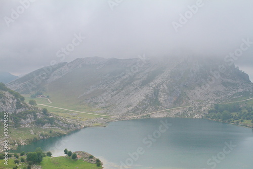 Cangas de Onis  Asturias Spain  Aug. 05  2015. Lakes of Covadonga in the Picos de Europa National Park. People walking on the different routes available