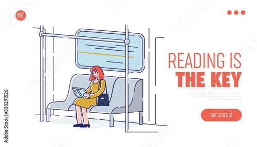 Concept Of Education, Read Books. Website Landing Page. Book Festival of Students. Happy Young Girl Is Reading Books At Public Transport. Web Page Cartoon Linear Outline Flat Vector Illustration