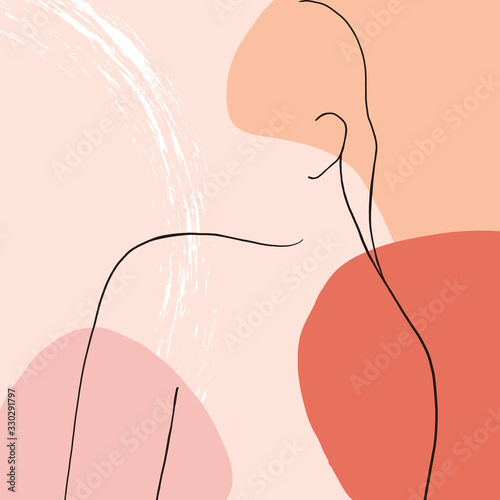 Beautiful woman in one line style with geometric doodle Abstract elements pastel colors. Beauty minimalist style. Simple fashion poster, continuous hand drawing art.