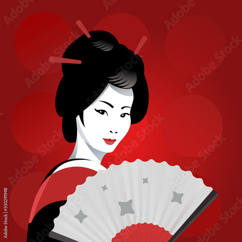Japanese geisha girl with a fan on a red background