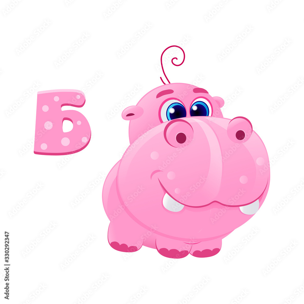 Vector Icon Of Funny Cartoon Cute Pink Hippo Smiling With Big Teeth Vector icon of funny cartoon cute pink hippo smiling with big teeth