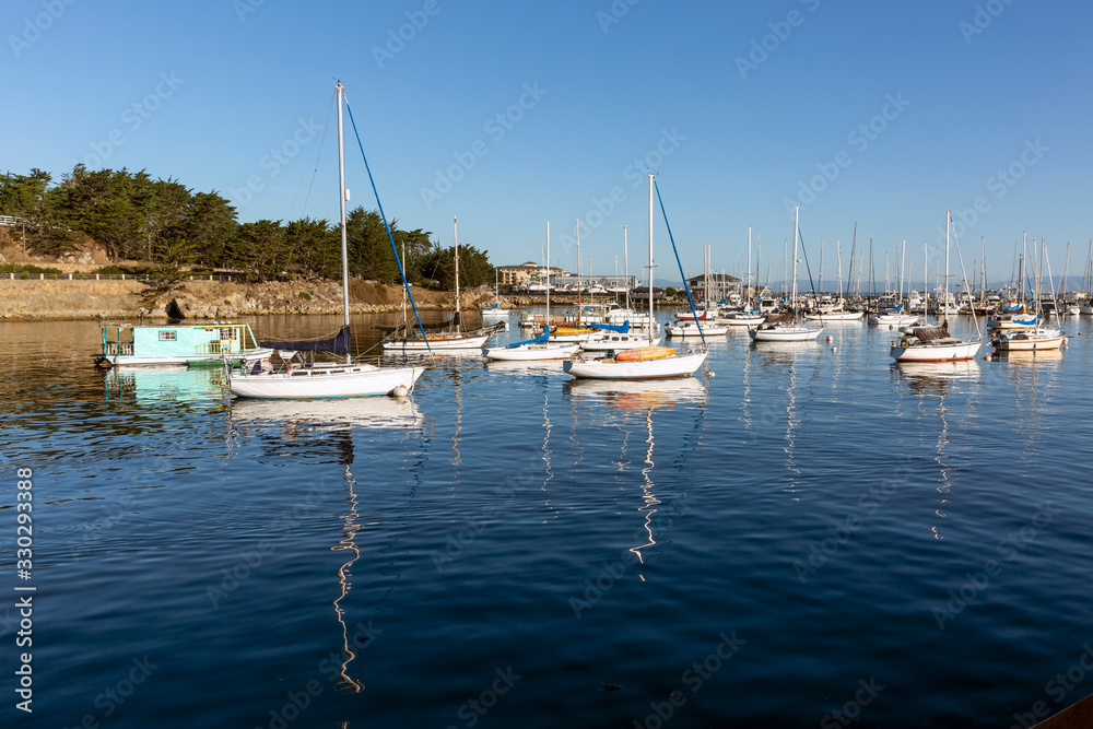 Yachts moored at Fisherman's Wharf in Monterey, California, USA.