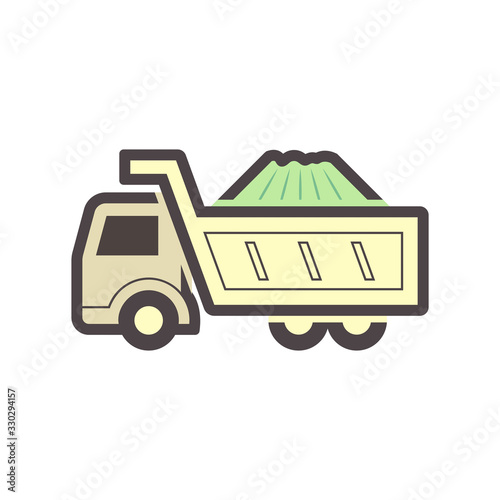 Dump truck vector icon. May called tipper truck, dumper trailer or tip lorry. Heavy machine equipment or vehicle for construction to load, unload, carrier, transport and delivery sand, rock and gravel