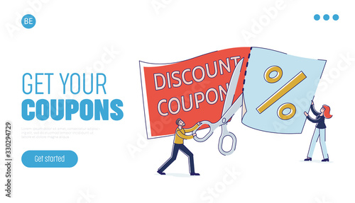 Concept Of Loyalty Program, Discount, Customer Service. Website Landing Page. Happy People Are Cutting Discount Coupon Voucher For Shopping. Web Page Cartoon Outline Linear Flat Vector Illustration