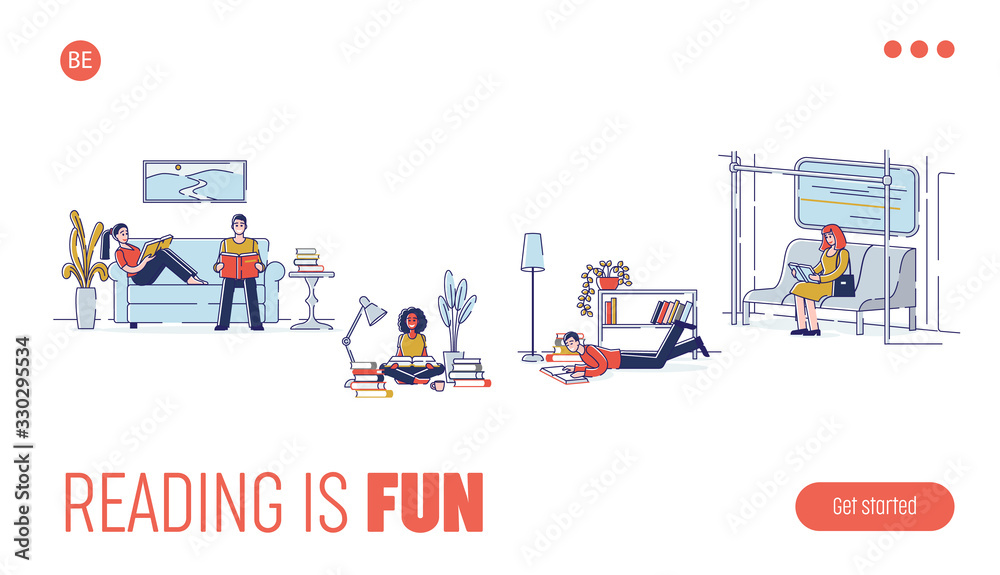 Concept Of Education, Reading Books. Website Landing Page. Book Festival of Students Girls and Boys Reading, Learning In Different Places. Web Page Cartoon Linear Outline Flat Vector Illustration Concept Of Education, Reading Books. Website Landing Page. Book Festival of Students Girls and Boys Reading, Learning In Different Places. Web Page Cartoon Linear Outline Flat Vector Illustration