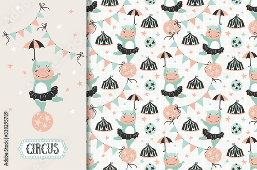 Cute cartoon little baby hippo girl. Circus. Card and seamless pattern set. Jungle animals and background.