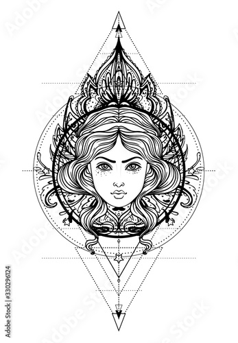 Divine goddess. Black and white girl over sacred geometry sign, isolated vector illustration. Tattoo sketch. Mystical symbol. Alchemy, occultism, spirituality, coloring book. Hand-drawn vintage.