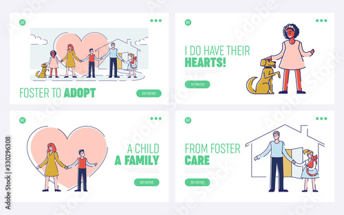 Concept Of Care, Friendship, And Adoption. Website Landing Page. Kind Solidary People Adopt And Taking Care Of Pets And Children. Set Of Web Pages Cartoon Outline Linear Flat Vector Illustration