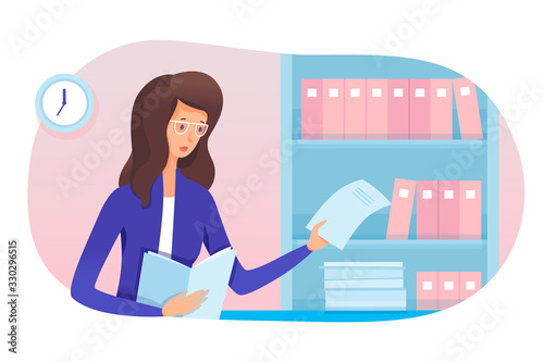 Young woman secretary and paperwork in office
