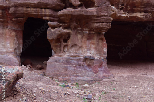 Geological formations at Petra in Wadi Musa and plants growing in March in the Spring 