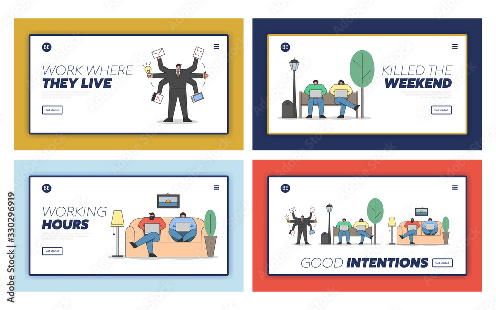 Remote Work And Self-Employment Concept. Website Landing Page. Business People Work Remotely Doing Multiple Tasks Using Gadgets in Arms. Set Of Web Pages Cartoon Outline Linear Vector Illustrations
