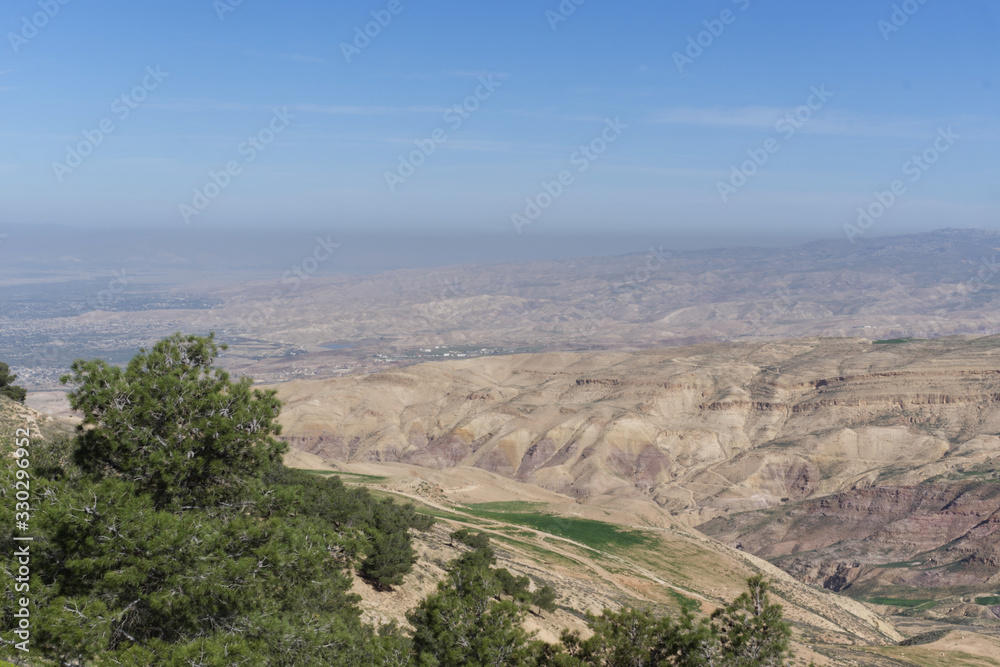 Lush and green landscape on the hills around Mount Nebo near the Jordan Valley in the Spring. 