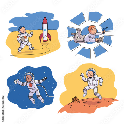 Kid astronaut wearing costume in open space set