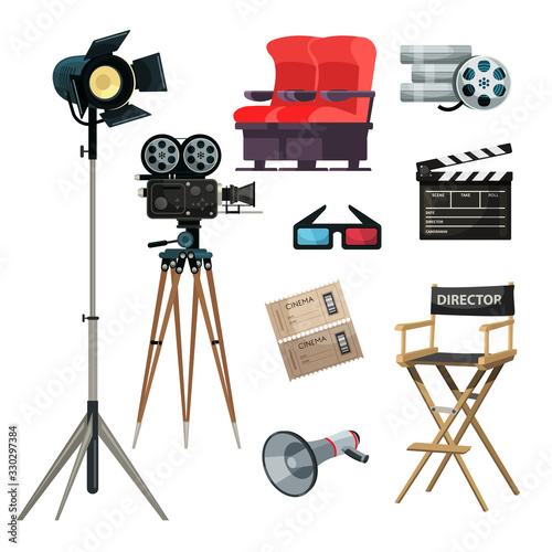 Cinematography items vector illustrations set. Movie directing, filmmaking. Cinema ticket, 3D glasses. Film strip, tape, director chair cliparts. Classic movie clapper, loudspeaker, camera.