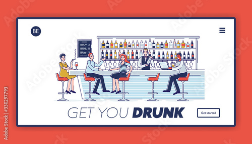 Website Landing Page. Bartender Make Tasty Cocktails. People Have A Good Time Communicating At A Bar Counter. Characters Talk, Drink Alcohol. Web Page Cartoon Outline Linear Flat Vector Illustration