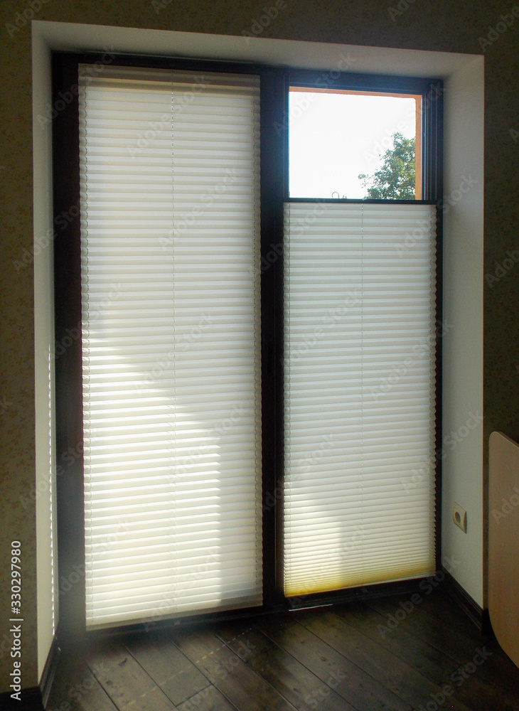 Pleated blinds closeup on the balcony door in a private house. Cordless ...