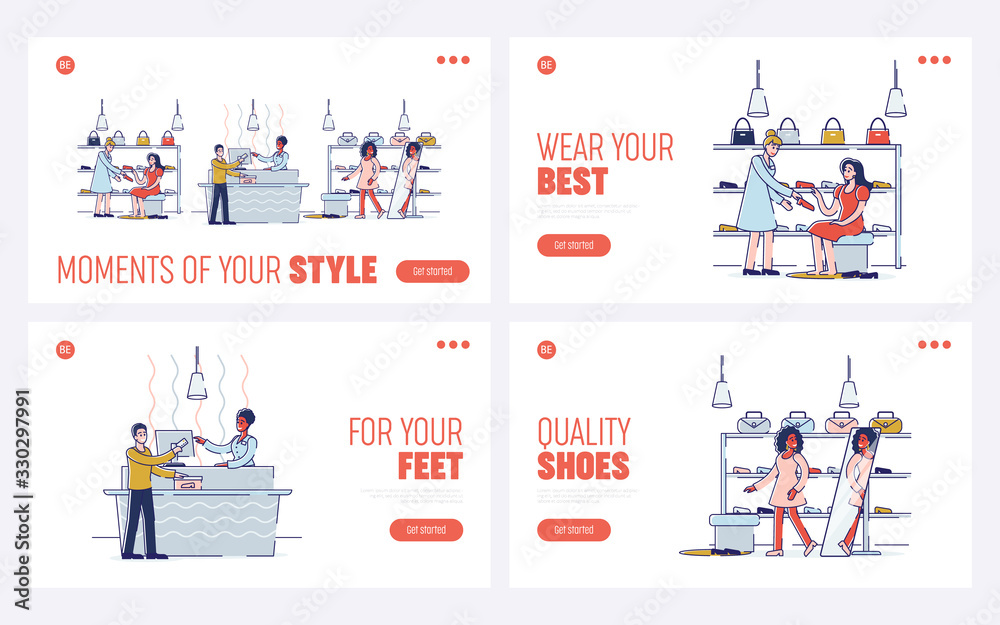 Fototapeta premium Concept Of Shopping In Footwear And Accessories Store. Website Landing Page. People Do Shopping In Footwear And Accessories Store. Set Of Web Pages Cartoon Outline Linear Flat Vector Illustrations