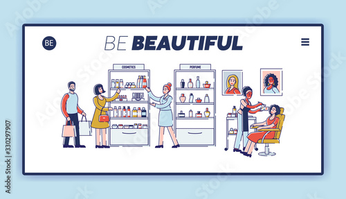 Concept Of Beauty Shop With Professional Workers. Website Landing Page. People Choose Cosmetics, Buy Presents In Beauty Shop And Do Makeup. Web Page Cartoon Outline Linear Flat Vector Illustration