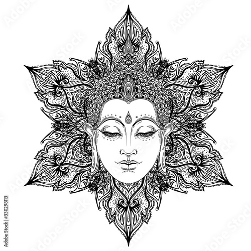 Buddha face over ornate mandala round pattern. Esoteric vintage vector illustration. Indian, Buddhism, spiritual art. Hippie tattoo, spirituality, Thai god, yoga zen Coloring book pages for adults.