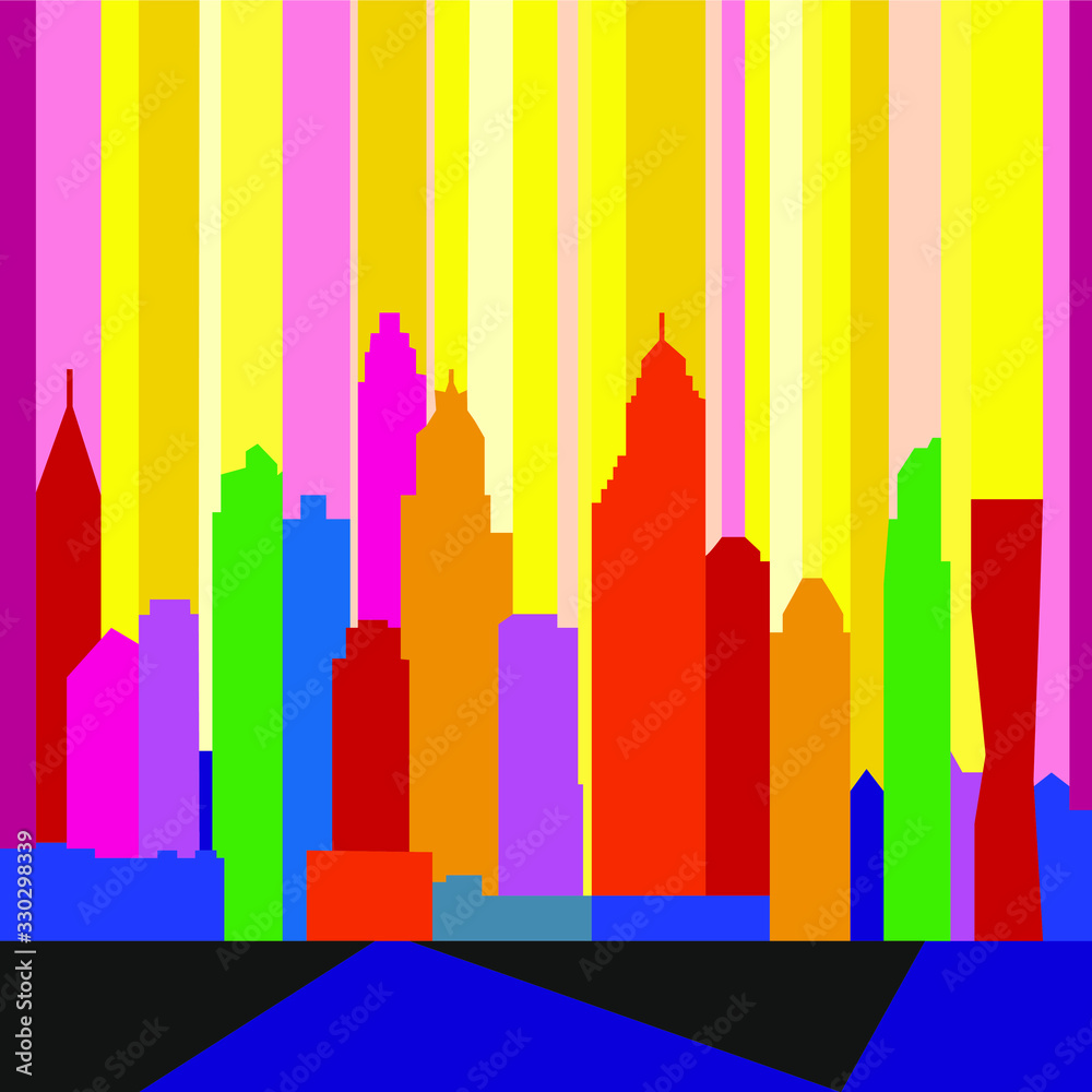 Abstract skyline of Dubai in vertical lines with retro bright colors.