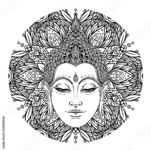 Buddha face over ornate mandala round pattern. Esoteric vintage vector illustration. Indian, Buddhism, spiritual art. Hippie tattoo, spirituality, Thai god, yoga zen Coloring book pages for adults.
